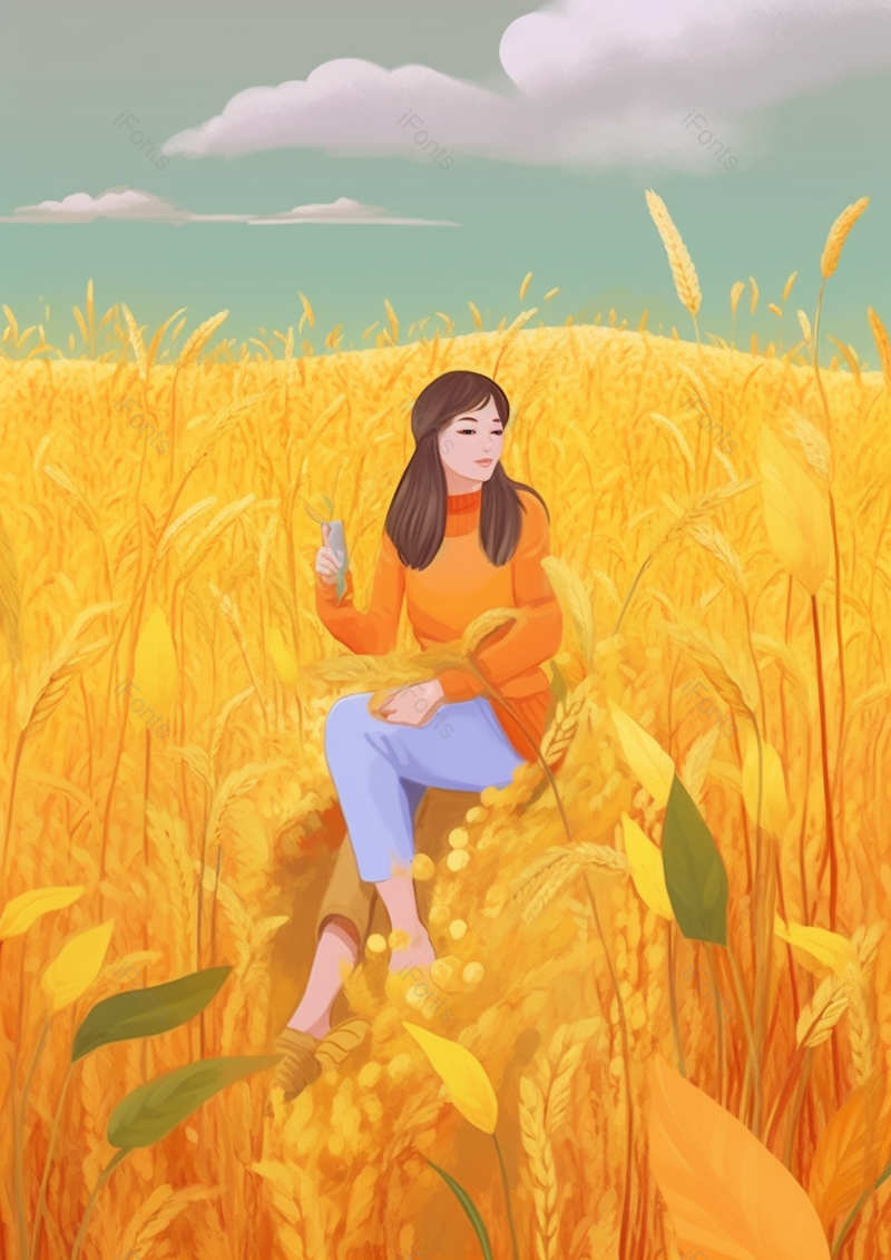 秋天麦穗可爱女孩人物插画风景,插画/手绘图,插画/手绘图库,插画/手绘图下载,插画/手绘